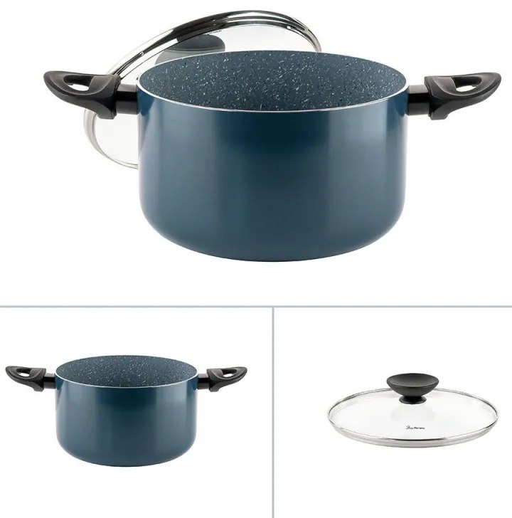 Oala cu capac din sticla Luigi Ferrero Prima FR-2245D, 22x13 cm, 4.5 l, Acoperire antiaderenta cu efect de marmura, Inductie, Albastru