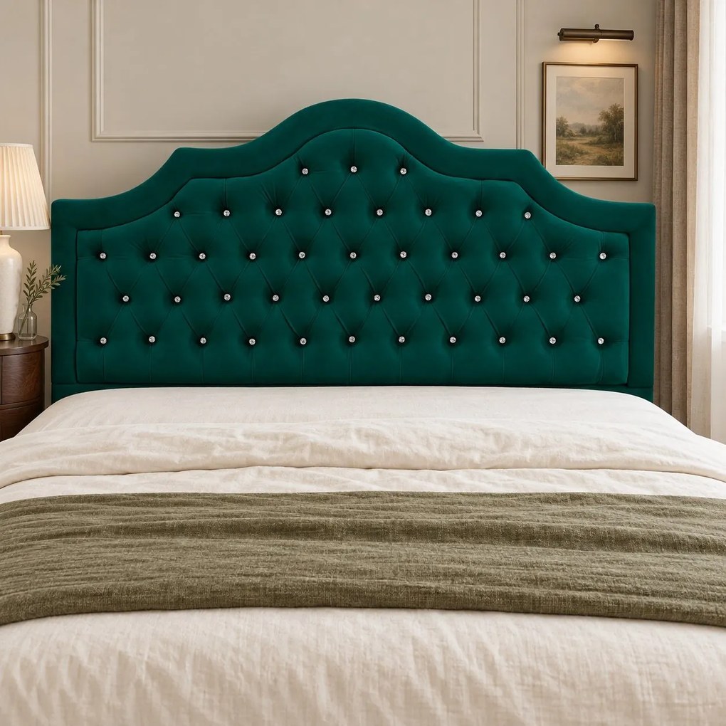 Pat tapițat Chesterfield din catifea Imperio Deluxe 160×200 cm, verde, cu ladă de depozitare