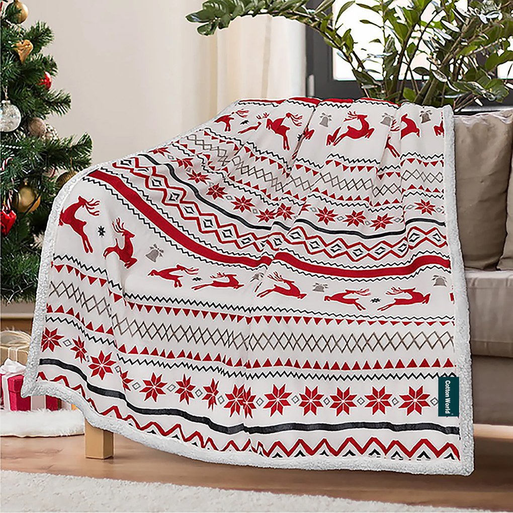 Patura alba de miel de Craciun din microplus RETRO CHRISTMAS Dimensiune: 200 x 220 cm
