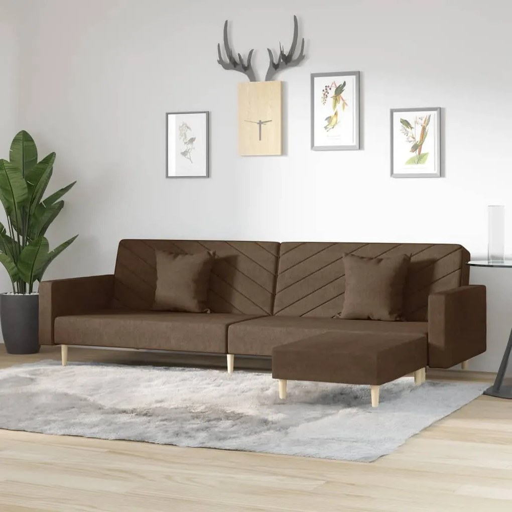 3081823 vidaXL Canapea extensibilă 2 locuri, 2 perne și taburet, maro, textil
