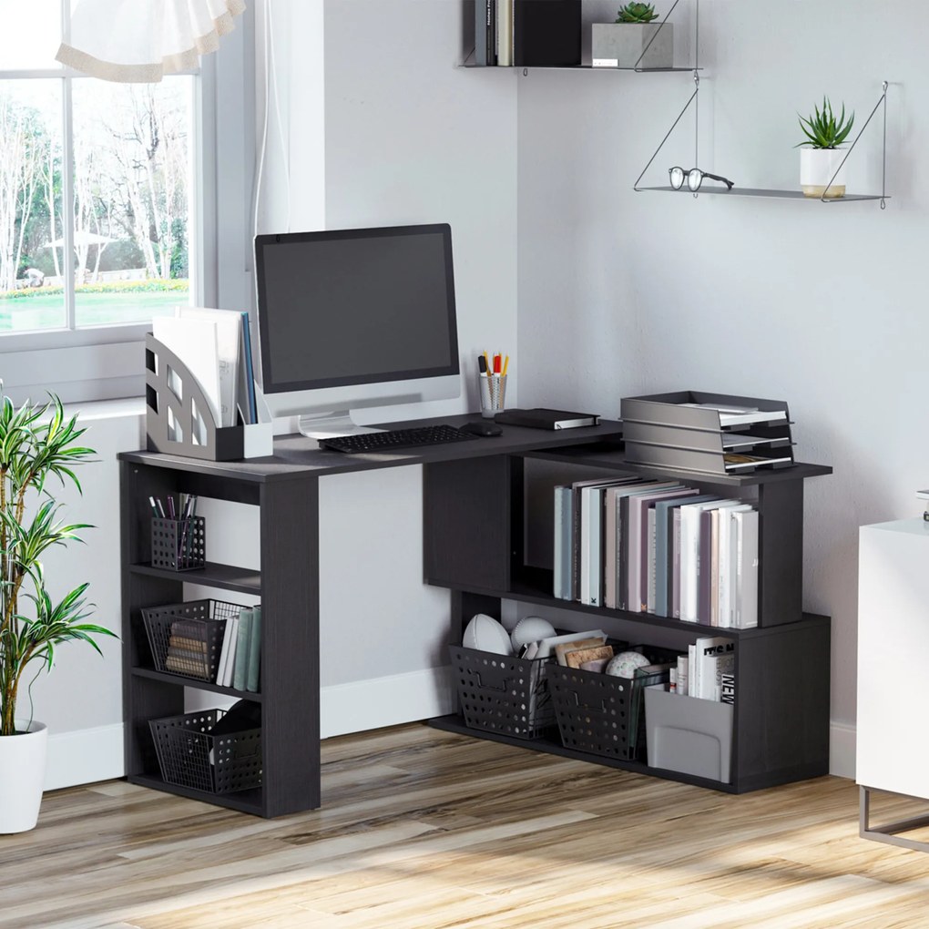 HOMCOM Birou pentru Calculator de Colț cu Design Rotativ în Formă de L și 5 Rafturi, 120x110x74.5 cm, Negru | Aosom Romania
