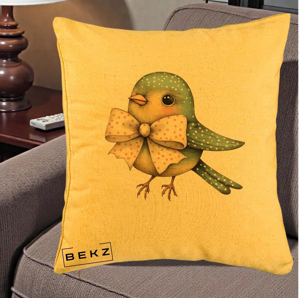 Perna Decorativa Pasare Teal cu Fundita cu Buline, 40x40 cm, Galben, Husa Detasabila, Perna Inclusa, BEKZ®