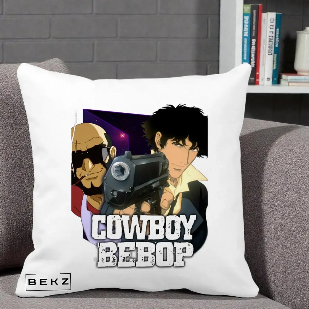 Perna Personalizata Cowboy Bebop Spike si Jet Poster, 40x40 cm, Alba Mata, Husa Detasabila, Perna Inclusa, BEKZ®