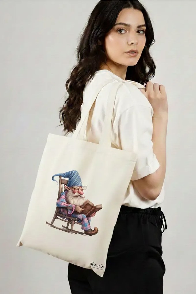 Sacosa de Panza pentru Cumparaturi, Geanta Tote, model The Bookish Gnome 5 38 x 34.5 cm, Alba, BEKZ®