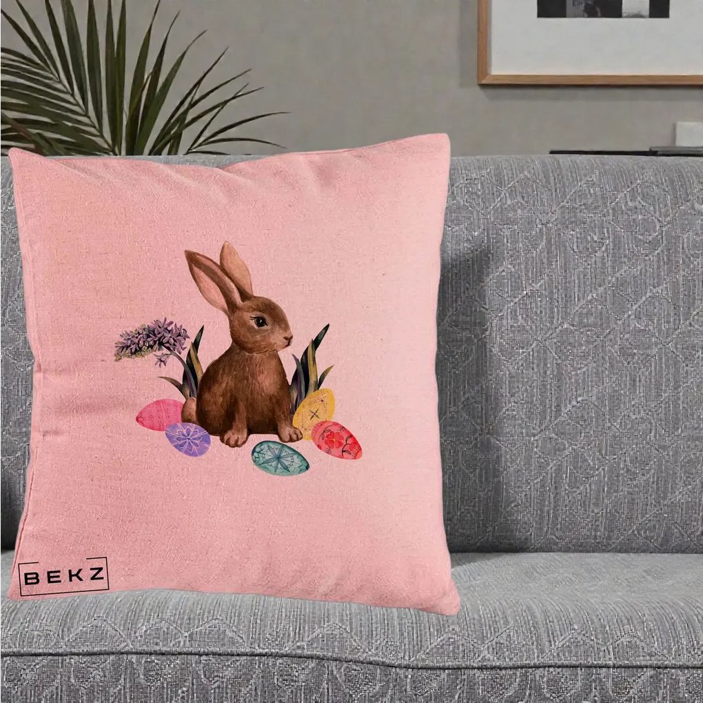 Perna Decorativa Iepuras cu Oua de Pasti Acuarela, 40x40 cm, Roz, Husa Detasabila, Perna Inclusa, BEKZ®