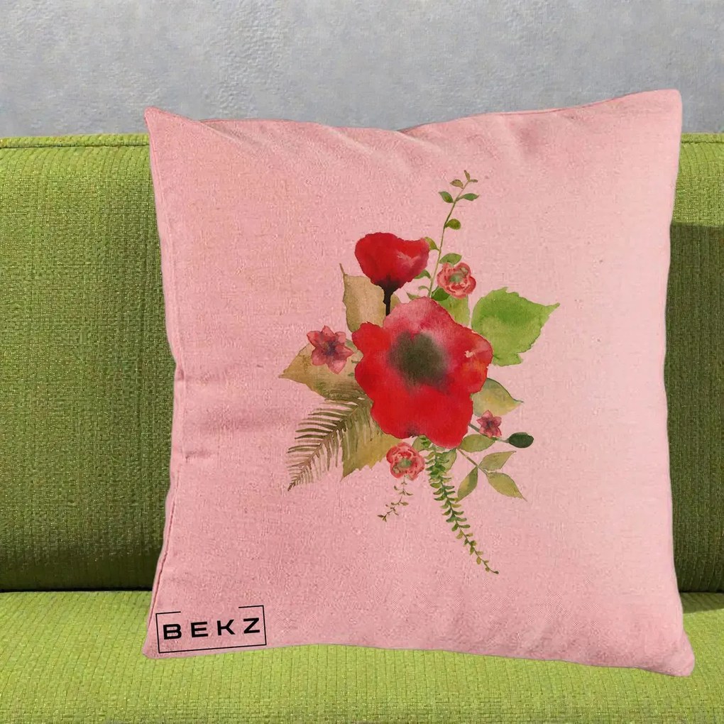 Perna Decorativa Buchet Rosu Acuarela, 40x40 cm, Roz, Husa Detasabila, Perna Inclusa, BEKZ®