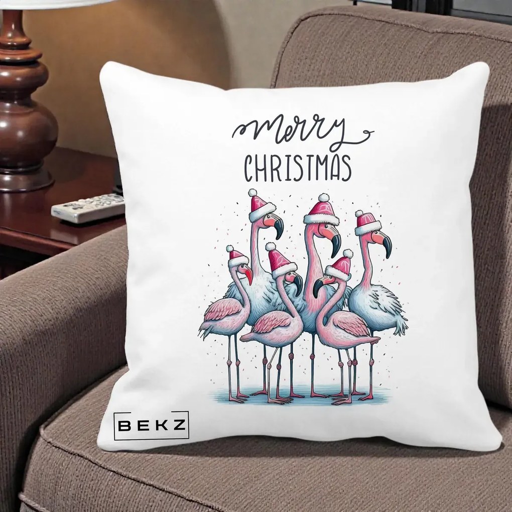 Perna Decorativa Flamingo Merry Christmas, 40x40 cm, Alba Mata, Husa Detasabila, Perna Inclusa, BEKZ®