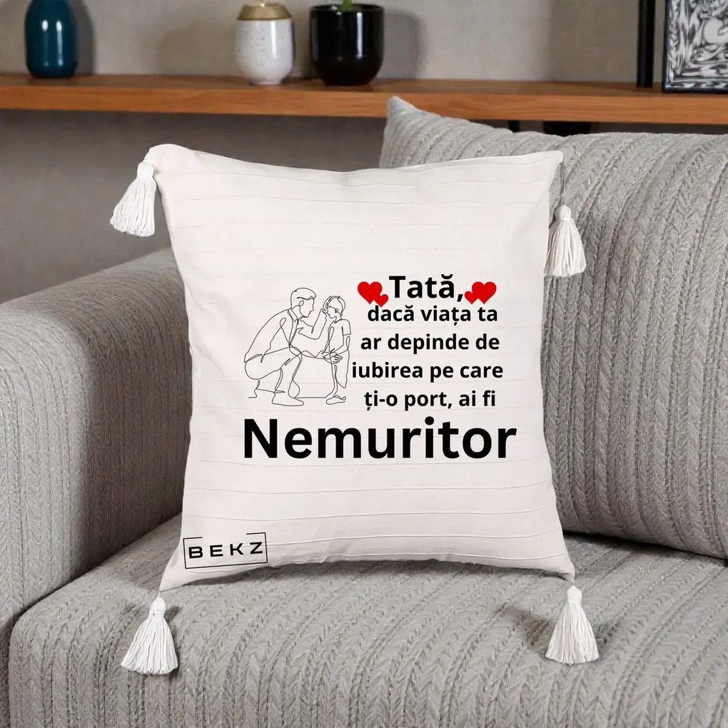 Cadou pentru Tata - Perna Personalizata Tata Nemuritor Baietel, 40x40 cm, Bej cu Franjuri, Husa Detasabila, Perna Inclusa, BEKZ®