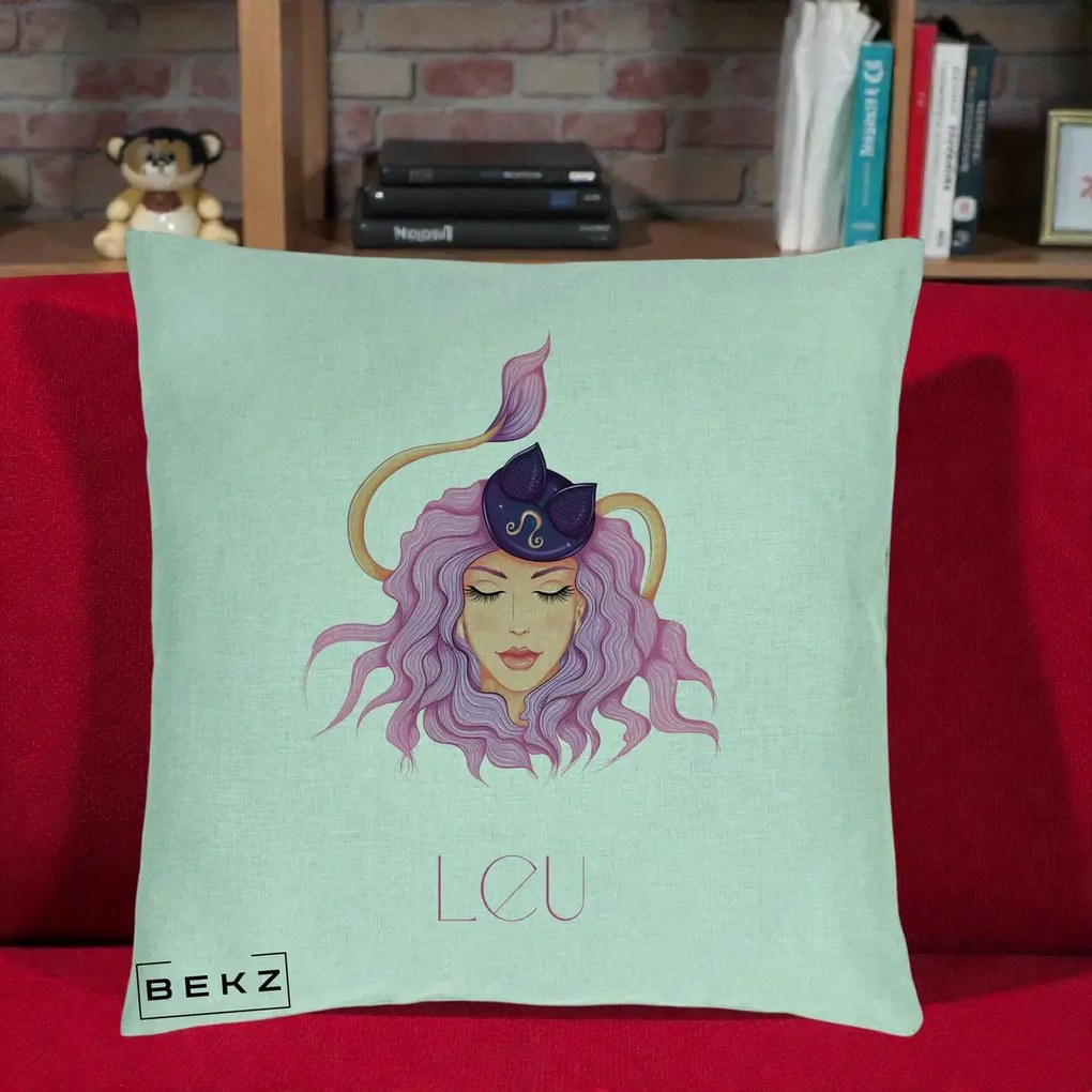 Perna Personalizata Zodie Leu, 40x40 cm, Verde Menta, Husa Detasabila, Perna Inclusa, BEKZ®