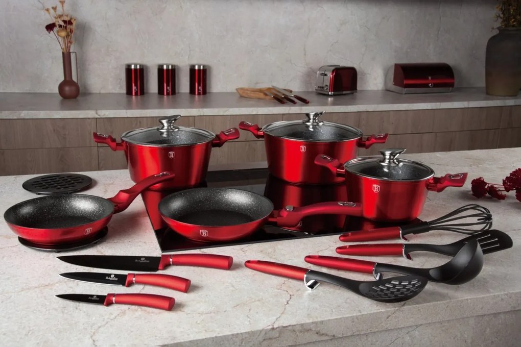 Set de oale marmorate 22 piese, manere detasabile Burgundy Metalic Line Berlinger Haus BH 7180