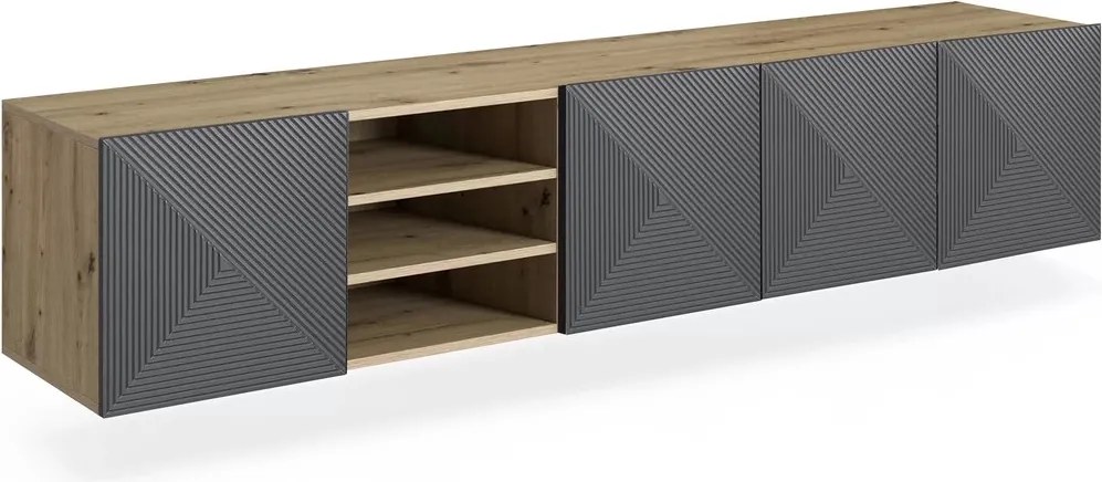 Dulap TV suspendată Asha 200 cm, partea frontală riflat și nișă – stejar artisan / rivier stone mat