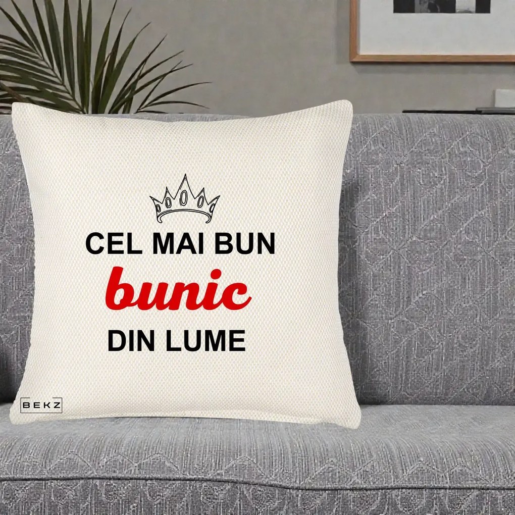 Cadou pentru Bunic - Perna Personalizata Cel Mai Bun Bunic Din Lume Coroana Rosu, 40x40 cm, Crem Reliefat, Husa Detasabila, Perna Inclusa, BEKZ®