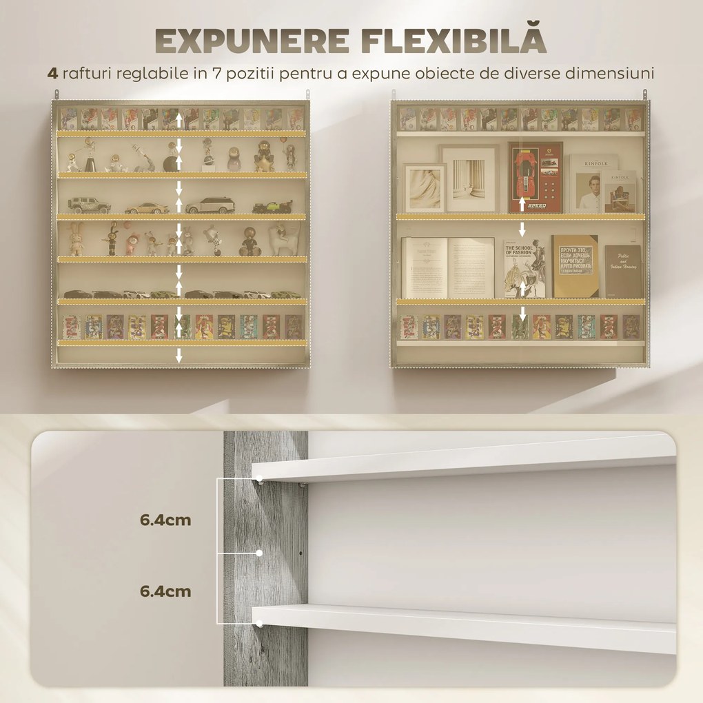 HOMCOM Dulap Tip Vitrină de Expoziție cu Rafturi Reglabile, Montată pe Perete, Negru | Aosom Romania