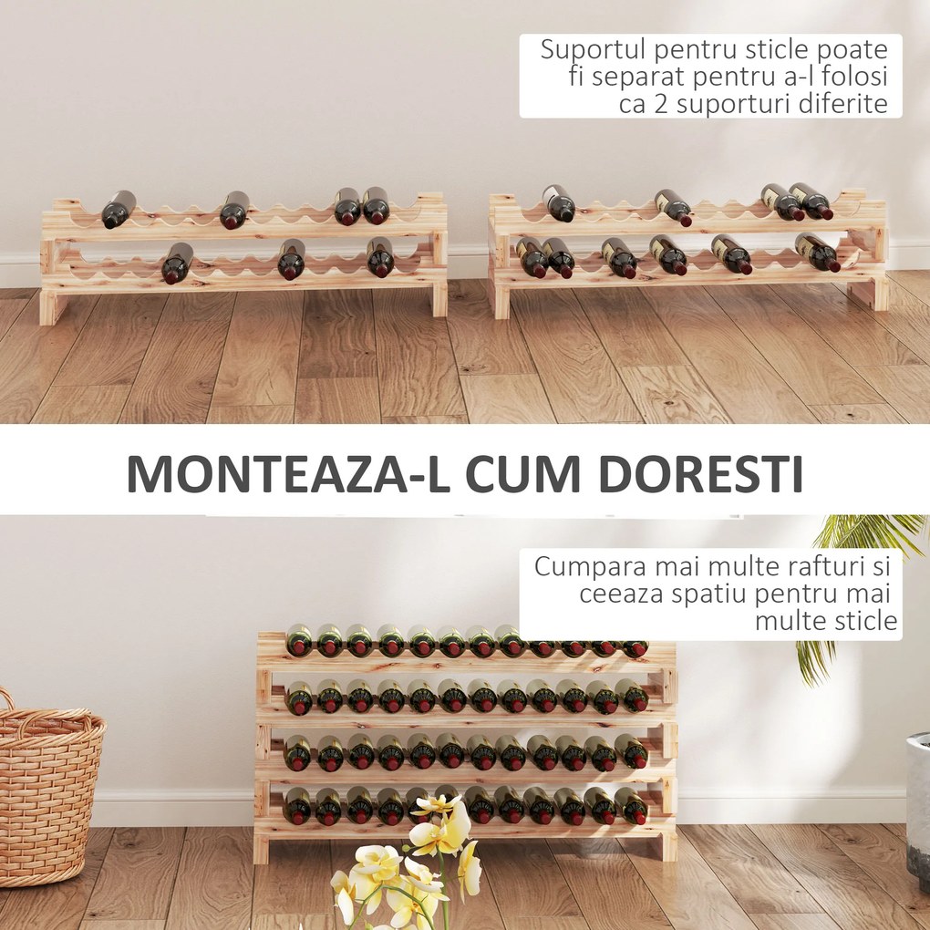 HOMCOM Raft pentru Sticle de Vin, Etajeră pentru Sticle cu 4 Rafturi pentru 48 Sticle, 114x28x56,5 cm, Lemn Natural | Aosom Romania