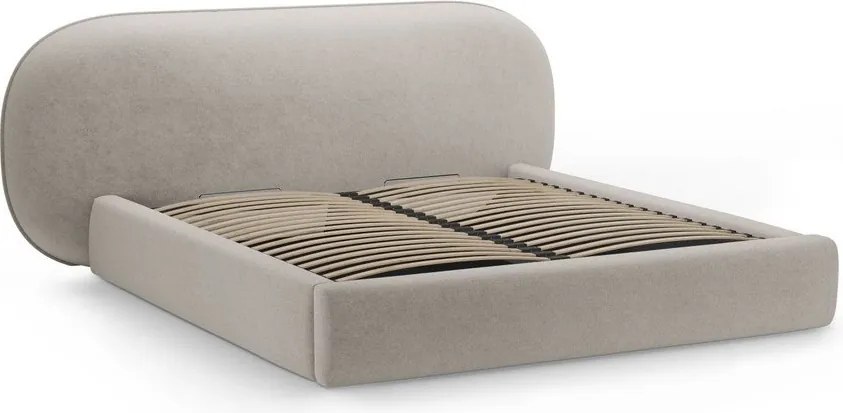 Pat matrimonial bej tapițat cu spațiu de depozitare cu somieră 200x200 cm Ovalo – Micadoni