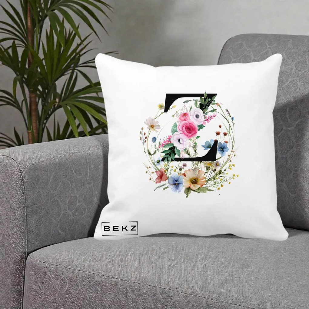 Cadou Personalizat - Perna Personalizata Monograma Florala Litera Z cu Coroana, 40x40 cm, Alba Mata, Husa Detasabila, Perna Inclusa, BEKZ®