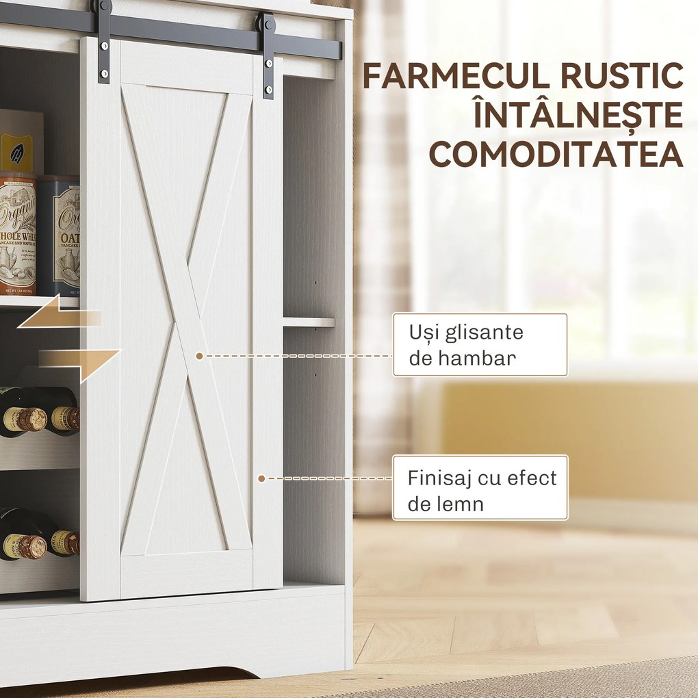 HOMCOM Servantă de Bucătărie Rustică 180 cm, Dulap cu Priză de Alimentare, Lumini LED, Suport pentru Sticle, Suprafață pentru Cuptor cu Microunde, Rafturi Deschise, Uși Glisante, Orificiu pentru Cabluri, Alb | Aosom Romania