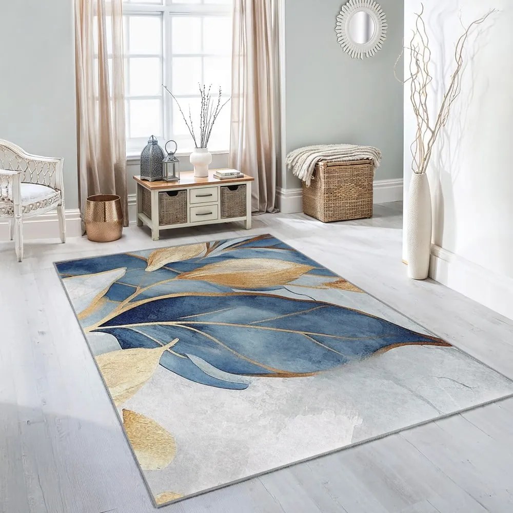 Covor albastru/auriu lavabil 120x180 cm Golden Leaves – Mila Home
