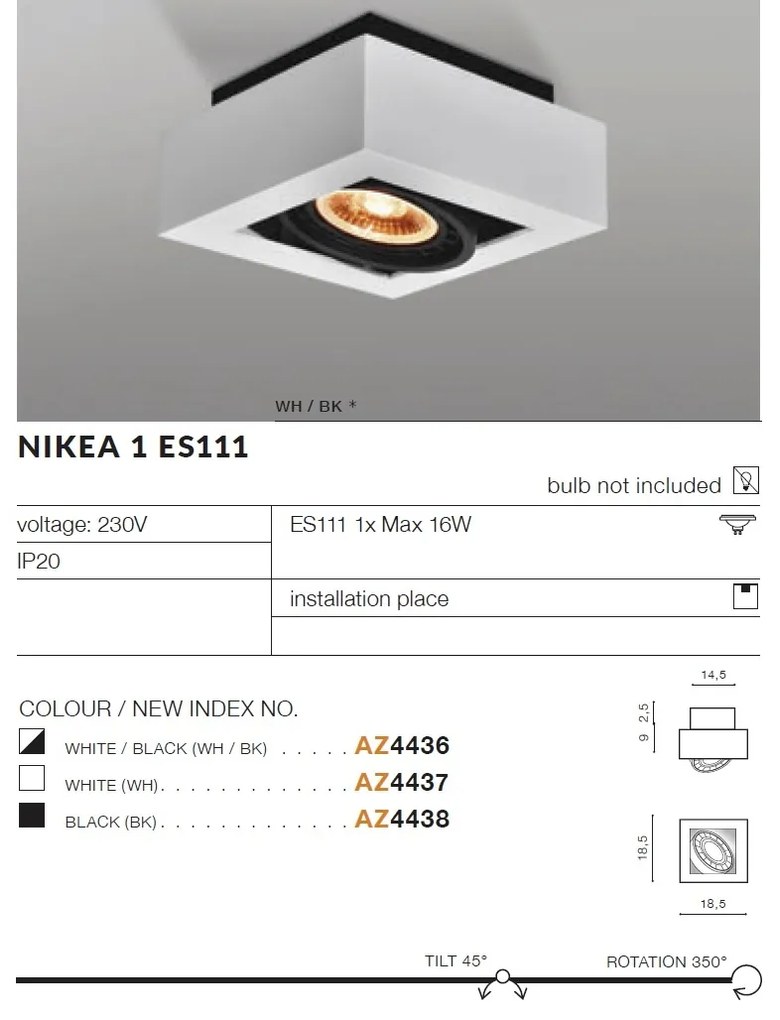 Spot aplicat directionabil de tavan/plafon NIKEA 1 ES111 negru