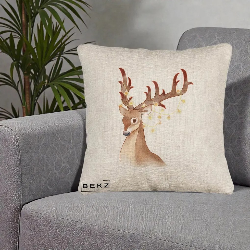 Perna Decorativa Ren cu Luminite de Craciun, 40x40 cm, Bej Canapea, Husa Detasabila, Perna Inclusa, BEKZ®