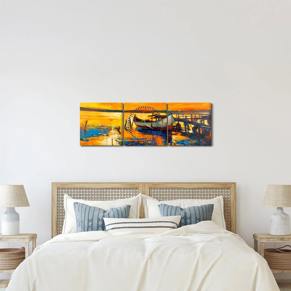 Tablou - Barca la apus de soare (cu ceas) (90x30 cm)