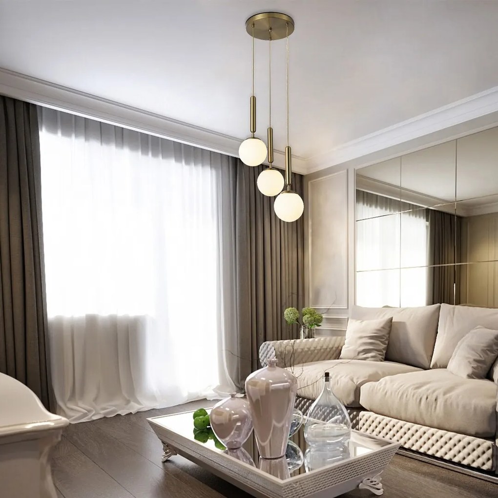 Lustra moderna aurie cu 3 pendule din sticla alba Divina 5353 RX