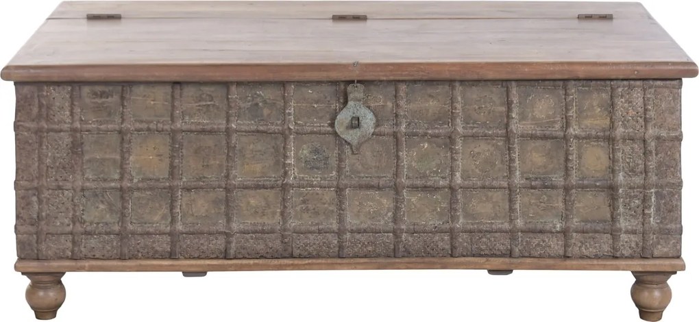 Cufăr vintage din lemn reciclat și metal, natur, cu feronerie în relief și picioare rotunde, finisaj patinat, 52 x 127 x 66 cm, „Lamanon”