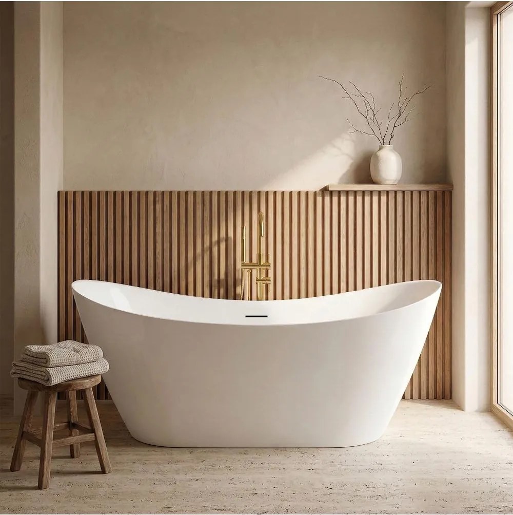 Cada freestanding cu ventil auriu periat Rea Ferrano Slim 150 cm alb