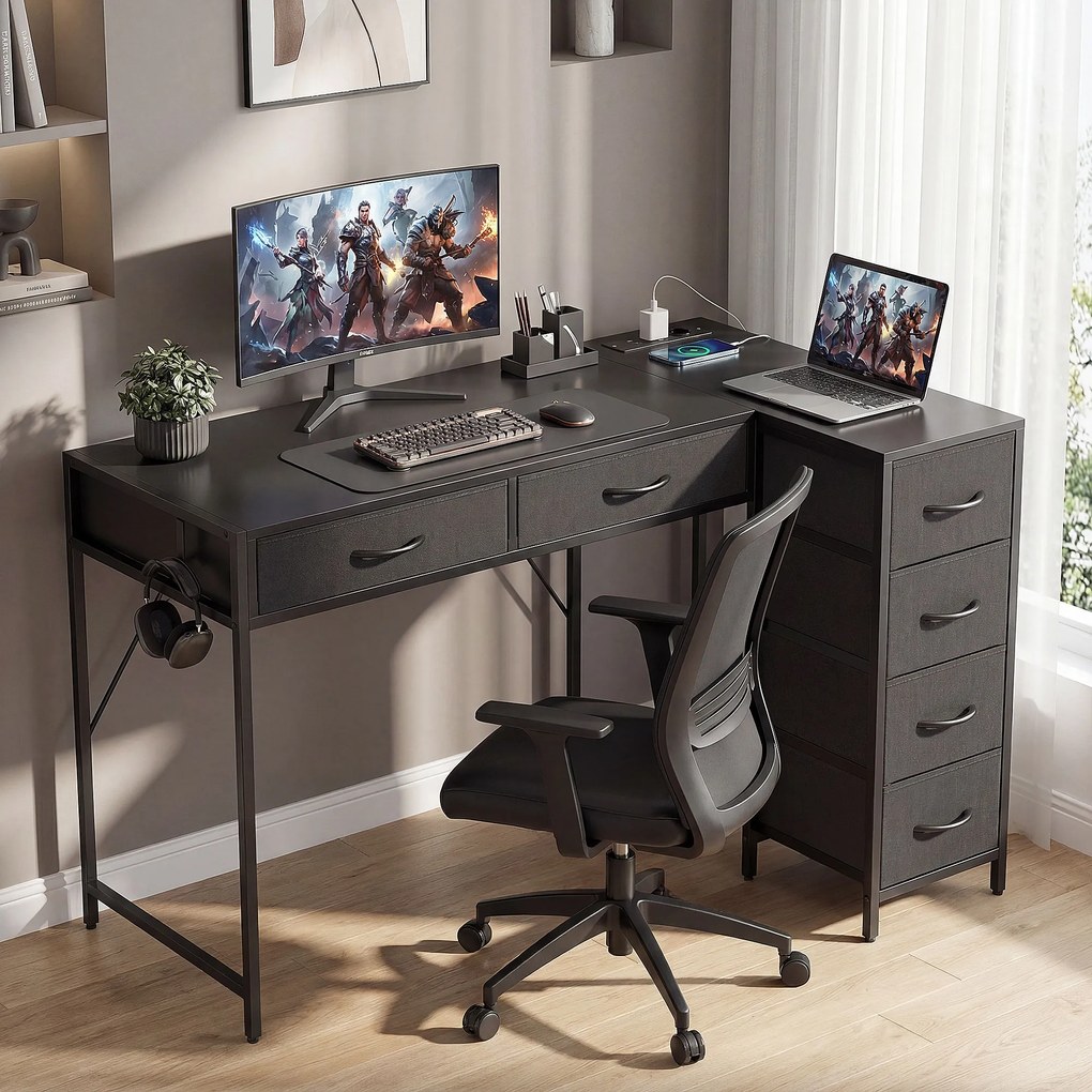 HOMCOM Birou de Colț Reversibil cu Prize și Porturi USB, 126x48 cm Birou în Formă de L cu 6 Sertare din Material Textil, Cârlig Lateral, pentru Computer, Birou, Cameră, Negru | Aosom Romania