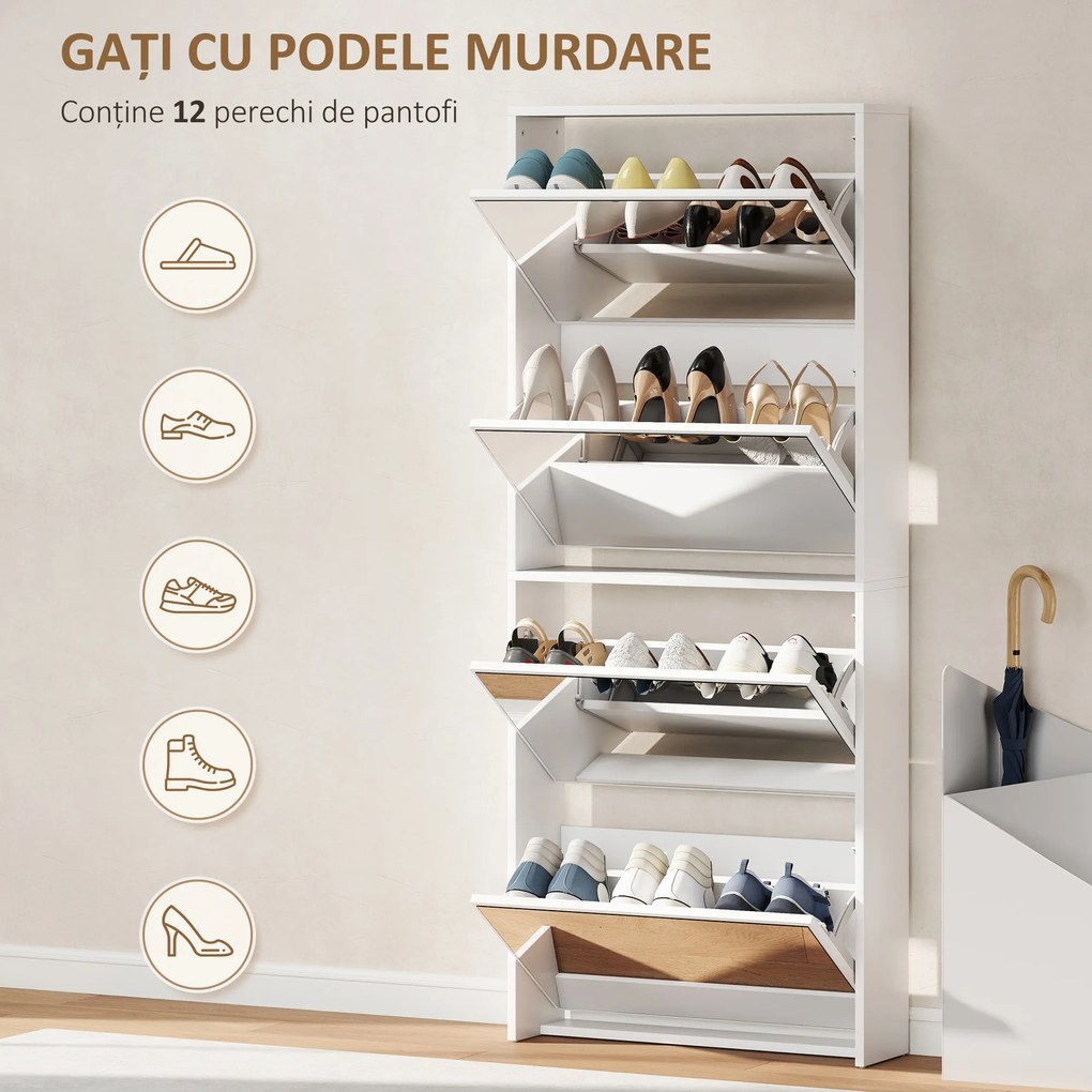 HOMCOM Dulap pentru Pantofi Economizor de Spațiu cu 4 Uși cu Oglindă 63x17x146 cm Alb | Aosom Romania