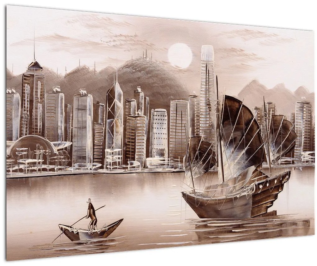 Tablou - Victoria Harbour, Hong Kong, efect sepia (90x60 cm)