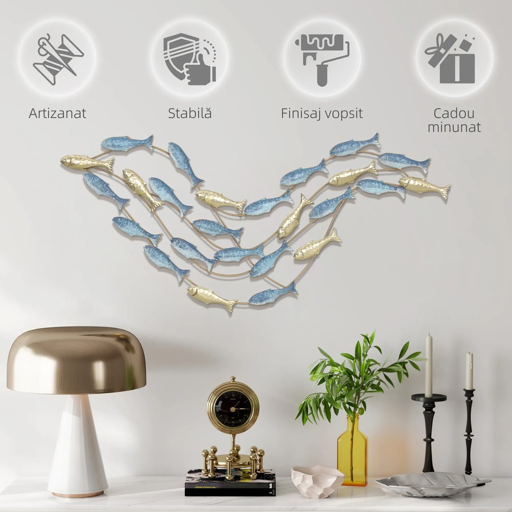 HOMCOM Artă de Perete cu Banc de Pești și Șuruburi Incluse pentru Casă și Birou, Decor Metalic, 99,7x3,8x50,2 cm, Auriu și Albastru | Aosom Romania