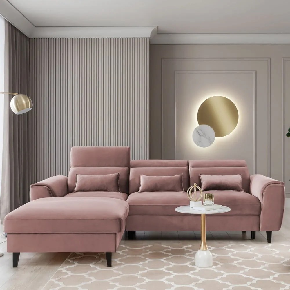 Colțar roz extensibil/cu spațiu de depozitare cu tapițerie din catifea (cu colț pe partea stângă/cu șezlong) Foble – ELTAP