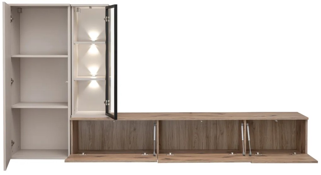 Living mobila sufragerie moderna, casmir bej stejar viking, 240 cm lungime, vitrina sticla cu led, usi deschidere push open, suspendata, canturi abs