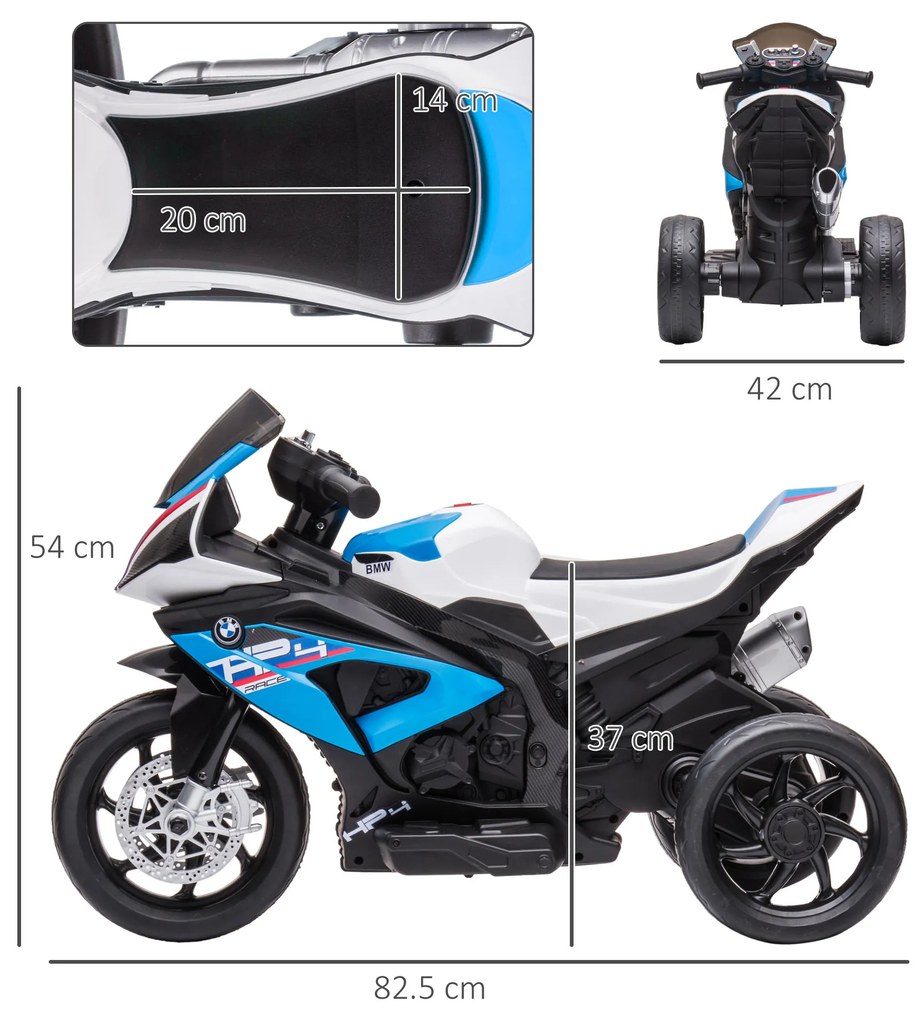 Motocicleta electrica pentru copii 18-60 luni HOMCOM BMW HP4 cu licenta, 3 roti 6V, Albastru| Aosom Romania