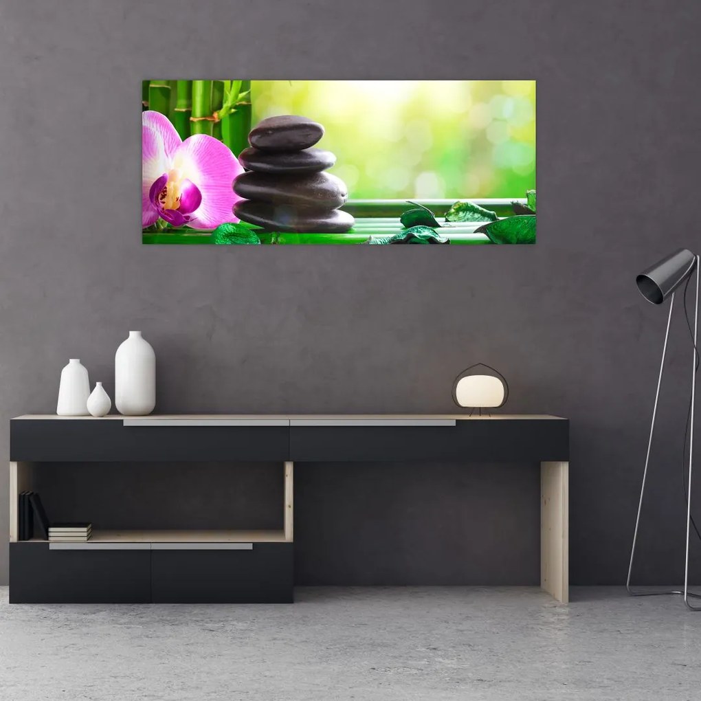 Tablou cu pietre pentru masaj și orhidee (120x50 cm)