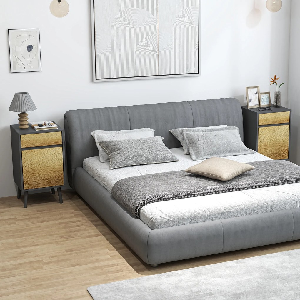 HOMCOM Lot de 2 noptiere masă de noapte cu sertare și dulap, stil modern, 40 x 39 x 69 cm, gri închis | Aosom Romania
