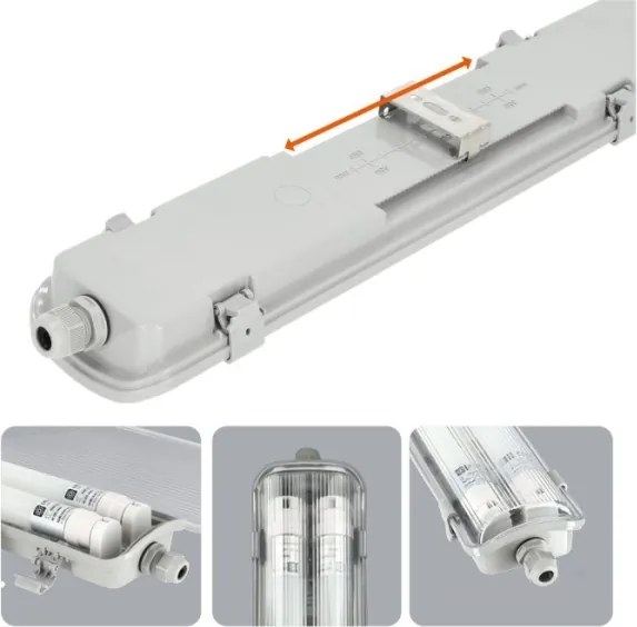 Corp de iluminat LED tehnic T8, 2x G13, 18W, 230V, 6500K, IP65, 127 cm