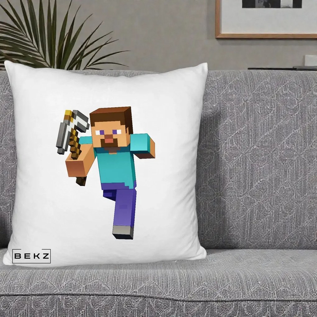 Perna Personalizata Minecraft Steve, 40x40 cm, Alb Pufos, Husa Detasabila, Perna Inclusa, BEKZ®