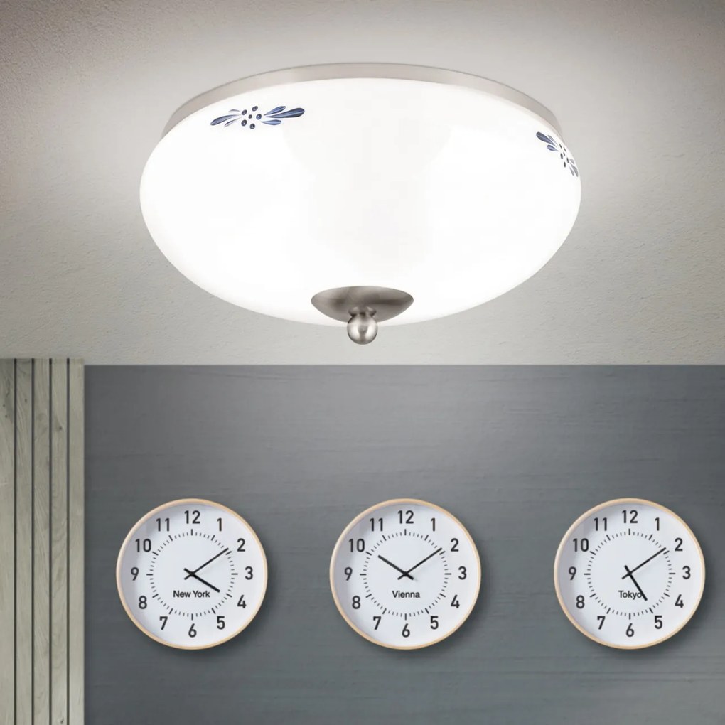 Plafoniera clasica Landhaus 28cm crom satin/ sticla opal decor albastru