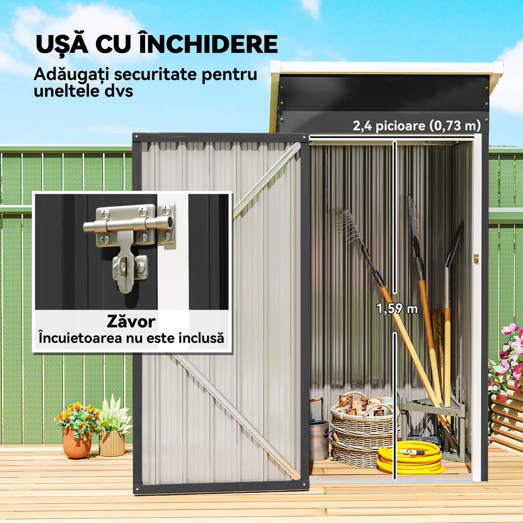 Outsunny Magazie de Grădină 0,74m² din Oțel Galvanizat cu Guri de Aerisire, Magazie cu Ușă Blocabilă, Acoperiș Înclinat, Mănuși, Depozitare Unelte, 107,5x91x185 cm, Gri Închis | Aosom Romania