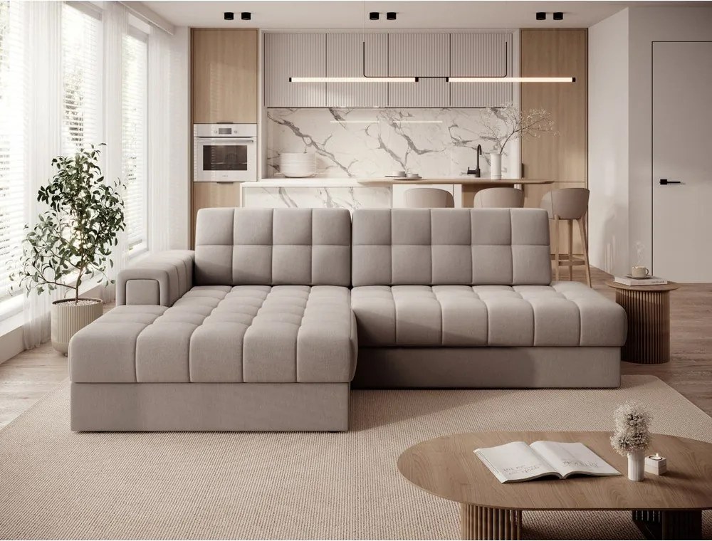 Colțar bej extensibil cu tapițerie din catifea (cu colț pe partea stângă/cu șezlong) Blezalt – ELTAP