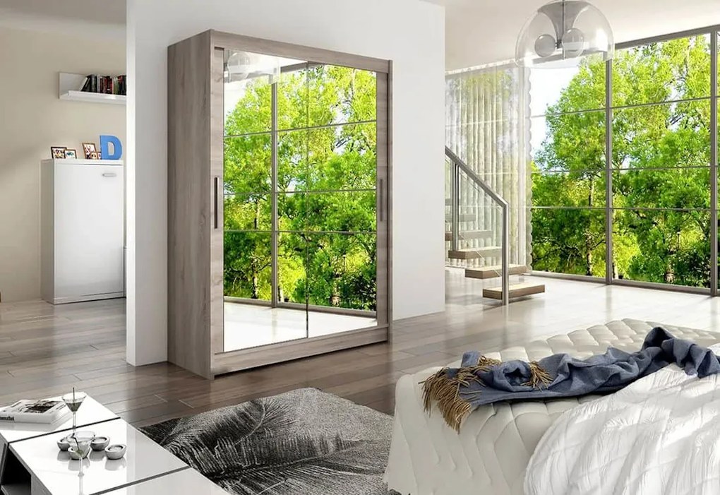 Supermobel Dulap dormitor cu uşi glisante WESTA XI cu oglindă, 150x200x58, alb mat