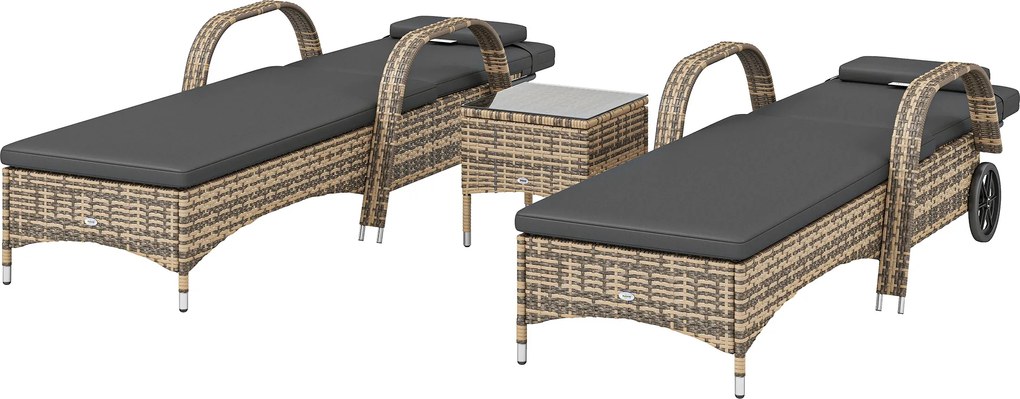 Outsunny Set de 2 șezlonguri : saltea, tetieră, înclinare reglabilă, roți + măsuță de cafea cu sticlă securizată gri închis | Aosom Romania