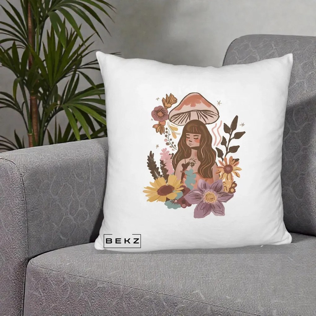 Perna Decorativa Fata Ciuperca Boho Florala, 40x40 cm, Alb Pufos, Husa Detasabila, Perna Inclusa, BEKZ®