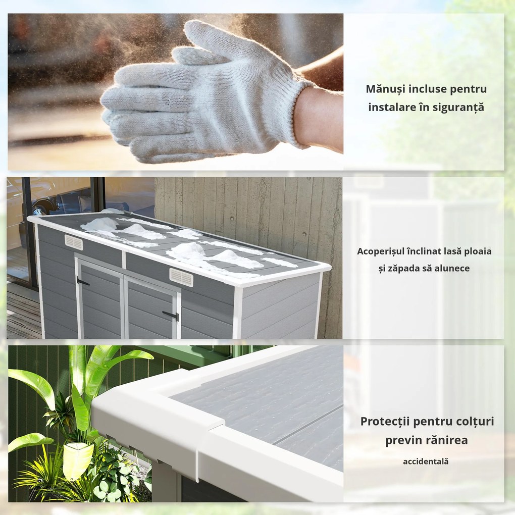 Outsunny Căsuță de Grădina pentru Unelte cu Podea, 2 Uși, Încuietoare și Acoperiș Înclinat, 238x125x183 cm, Gri | Aosom Romania