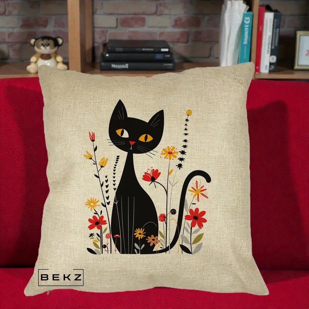 Perna Decorativa Pisica Neagra Ochi Galbeni Flori, 40x40 cm, Crem, Husa Detasabila, Perna Inclusa, BEKZ®