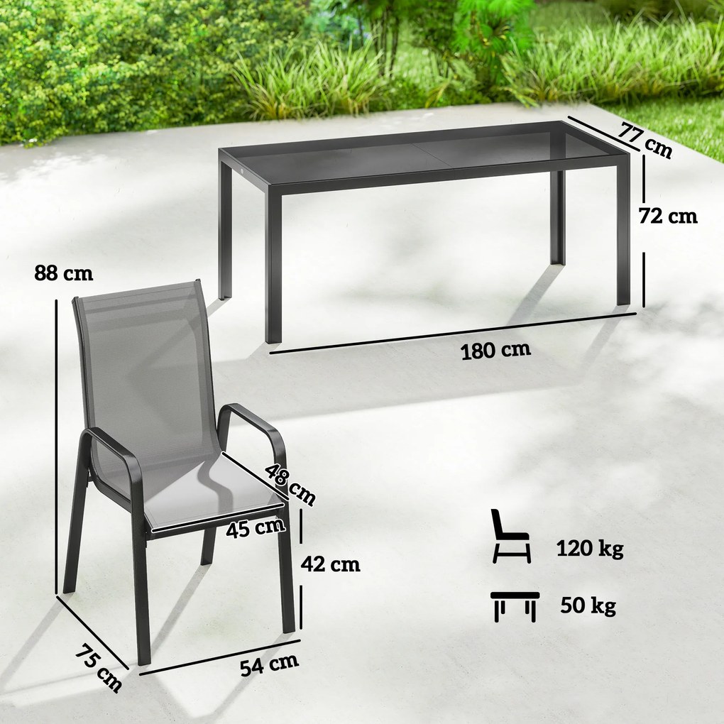 Outsunny Set de Masă de Grădină 9 Piese, Masă și Scaune pentru 8 Persoane, Set Exterior cu Blat din Sticlă Temperată, Gri | Aosom Romania