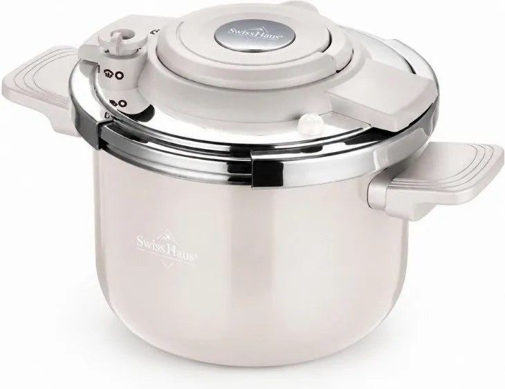 Oala sub presiune Swiss Haus SH-PC6LCR, 6 l, 22 cm, Structura cu trei straturi, Indicator de nivel al apei, Acoperire ceramica Sapphire, Pentru toate plitele incusiv inductie, Crem