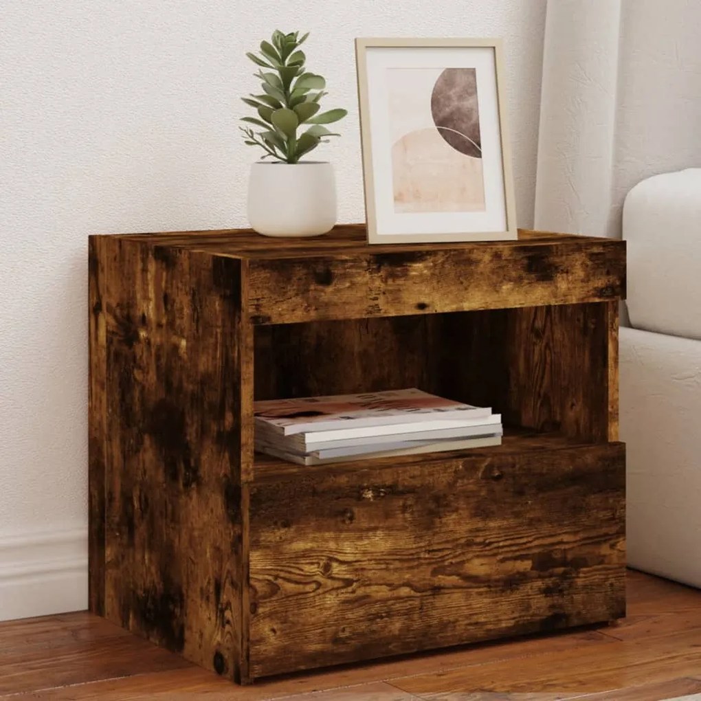 vidaXL Noptieră cu lumini LED, stejar fumuriu, 50x40x45 cm